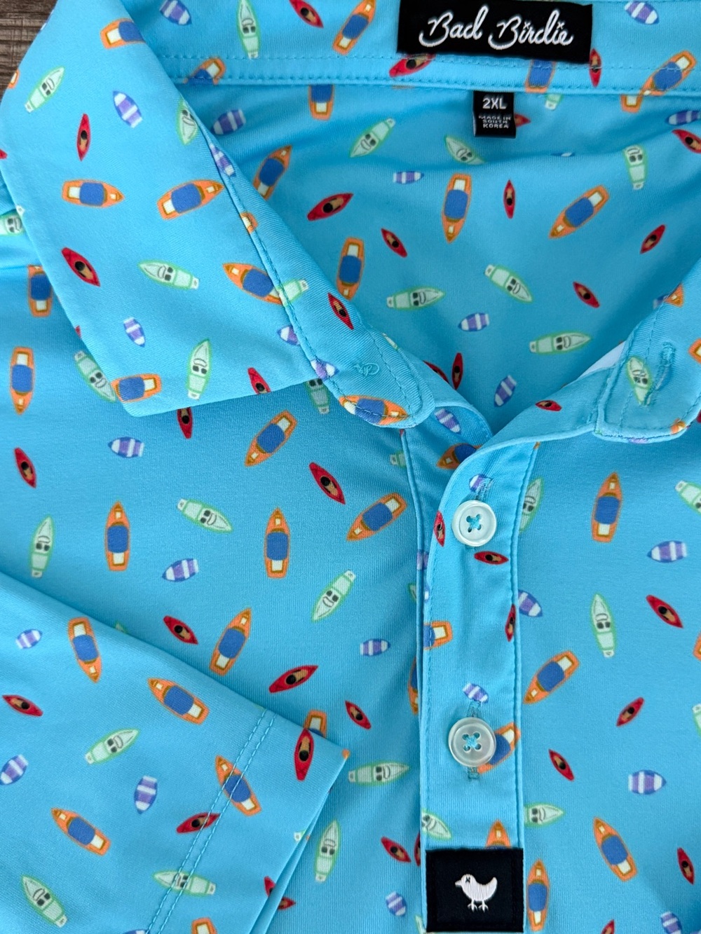 Bad Birdie Men’s “Dock Solid” Aqua Polo with Multicolor Kayak Print - XXL